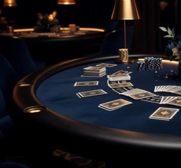 Stylowy stół blackjack z kartami i żetonami w wieczornej oprawie