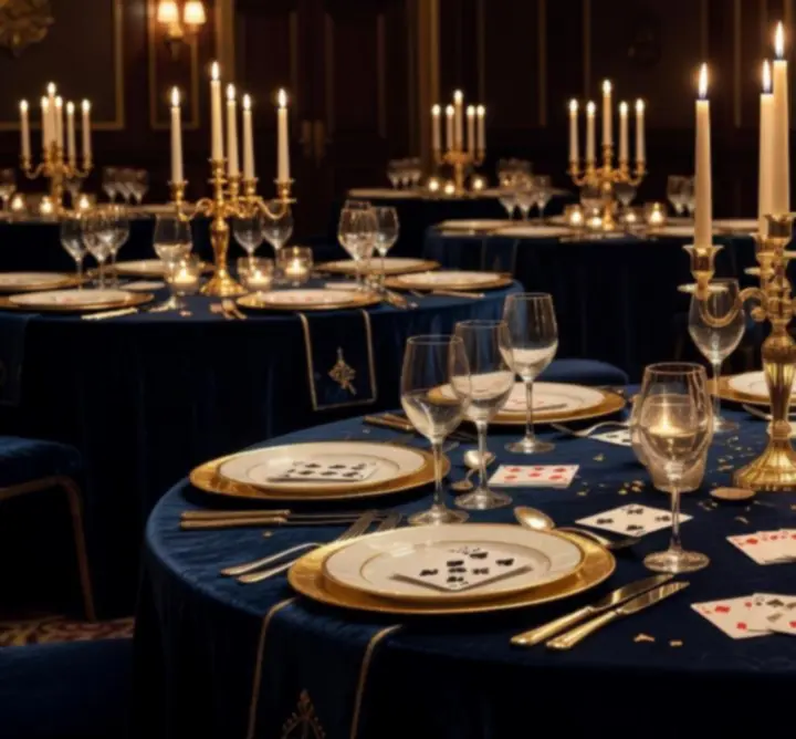 Tematyczna dekoracja stołów eventowych w ciemnej, eleganckiej stylistyce z akcentami złota