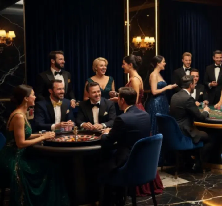 Eleganckie stoły eventowe z kartami i żetonami podczas wieczornego wydarzenia integracyjnego