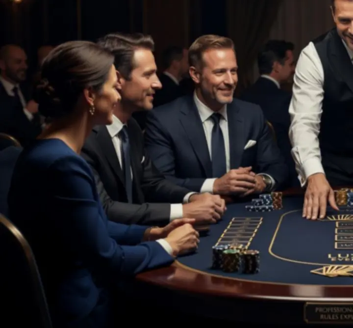 Mobilny stół pokerowy Texas Hold'em z kartami i żetonami podczas eleganckiego wydarzenia