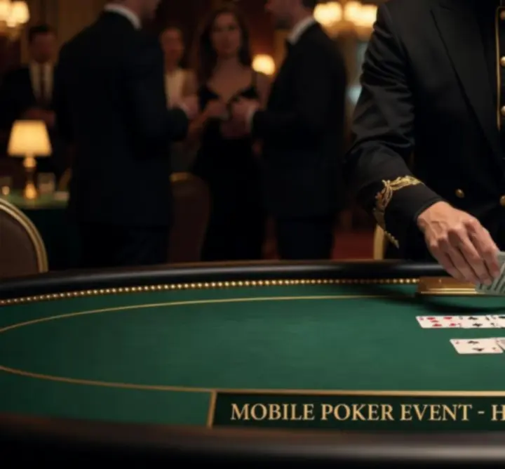 Profesjonalny krupier obsługujący stół pokerowy podczas eleganckiego wydarzenia