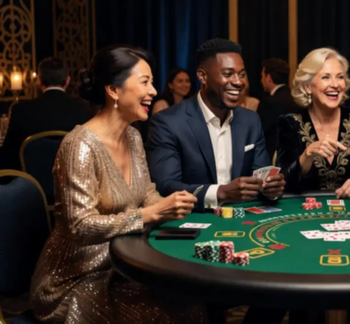 Grupa pracowników przy stole blackjacka podczas integracji firmowej